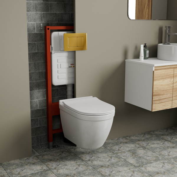 Комплект BAU 6 в 1: усиленная инсталляция BAU IDEAL, унитаз подвесной безободковый Bau Mif PRO, сиденье микролифт, клавиша BAU Light антивандальная, нерж. сталь золото