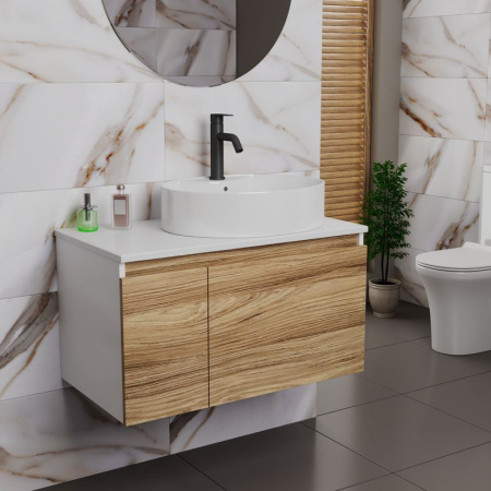 Комплект для ванной, 3 предмета (Тумба подвесная Bau Blackwood 80 + Раковина BAU 51х41, с отв. под см-ль, Смеситель Dream Black, черный)