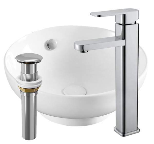 Раковина накладная со смесителем и выпуском (круглая BAU Dream D41, белая + смеситель Hotel Still, нер. сталь, выпуск клик-клак хром)