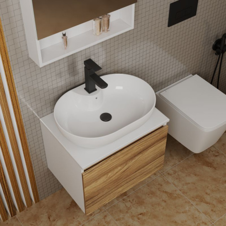 Комплект для ванной, 4 предмета (Тумба подвесная Bau Blackwood 60 + Раковина BAU 60х42, с отв. под см-ль + Смеситель Hotel Black, выпуск черный)