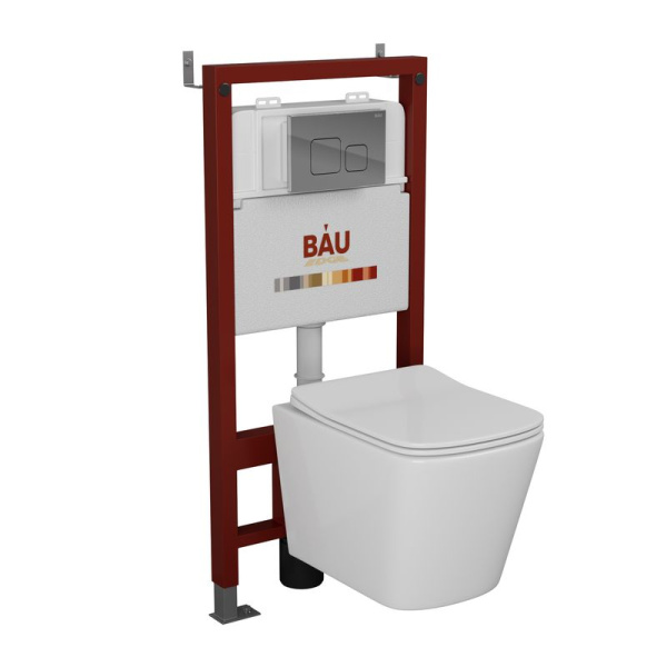 Комплект BAU 6 в 1: инсталляция BAU PRO, Унитаз подвесной безободковый Bau Stil 49x35, сиденье дюропласт микролифт, клавиша BAU Soul, хром