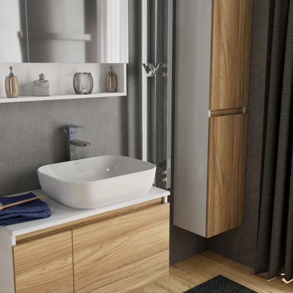 Раковина накладная со смесителем и выпуском (прямоугольная BAU Stil Pro 50х40, белая + смеситель Hotel Still, нер. сталь, выпуск клик-клак белый)