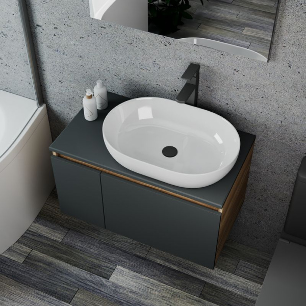 Комплект для ванной, 4 предмета (Тумба подвесная Bau Blackwood 80 графит + Раковина BAU 59х40 + Смеситель высокий Hotel Black, черный, выпуск черный)