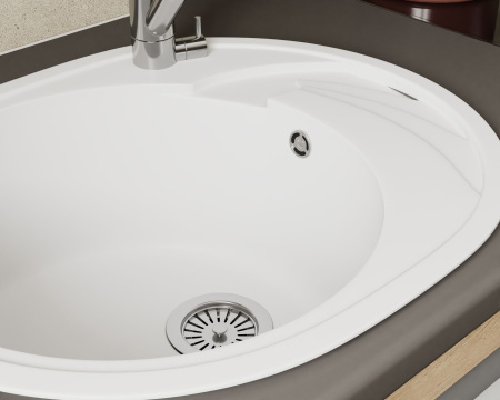 Мойка для кухни оборачиваемая овальная BAU Nimb White snow 58х47, выпуск с сифоном в комплекте, белый снег