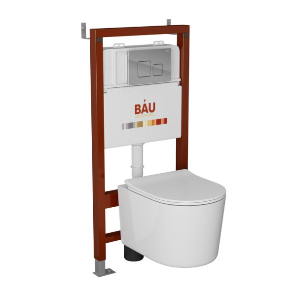 Комплект BAU 6 в 1: инсталляция BAU PRO, унитаз подвесной безободковый Bau Hotel PRO, быстросъемное сиденье микролифт, кнопка смыва BAU Soul, хром