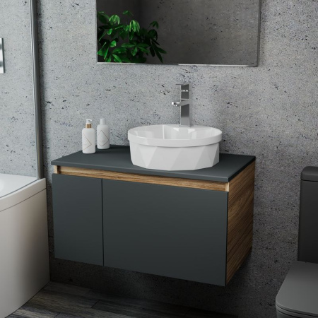 Комплект для ванной, 3 предмета (Тумба подвесная Bau Blackwood 80 графит + Раковина BAU D40, с отв. под см-ль, Смеситель Hotel Still, нерж. сталь)