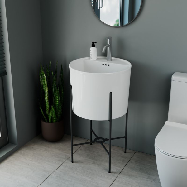 Раковина напольная с металлическими ножками (BAU Omega белая + смеситель Dream, нержавеющая сталь)