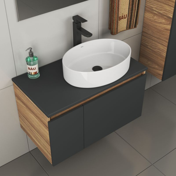 Комплект для ванной, 4 предмета (тумба Bau 80, графит + раковина BAU Nimb 50х36 + смеситель Hotel Black, выпуск клик-клак, черный)