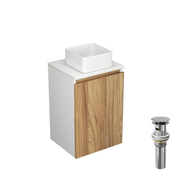 Тумба с раковиной и выпуском (Тумба Bau Dream Blackwood 40, умывальник BAU Mini 24х24, выпуск клик клак, хром)