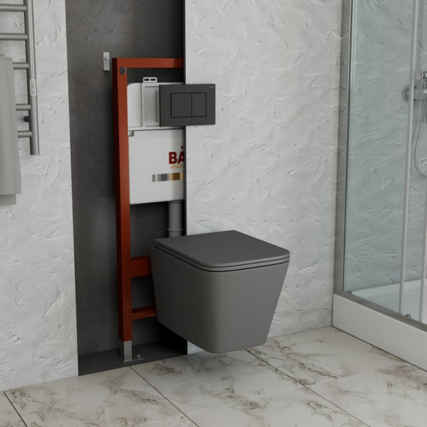 Комплект BAU 6 в 1: инсталляция BAU PRO, унитаз подвесной безободковый торнадо обратного потока Bau Stil Hurricane-2, сиденье микролифт, темно-серый матовый, клавиша BAU Stil, черная матовая