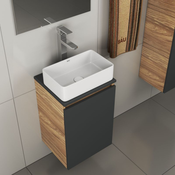 Комплект для ванной, 4 предмета (тумба Bau 40, графит + раковина BAU Hotel mini 38х24 + смеситель Hotel Still, выпуск клик-клак, белый)