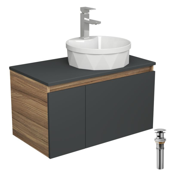 Комплект для ванной, 4 предмета (Тумба подвесная Bau Blackwood 80 графит + Раковина BAU D40, с отв. под см-ль, Смеситель Hotel, нерж. сталь, выпуск)