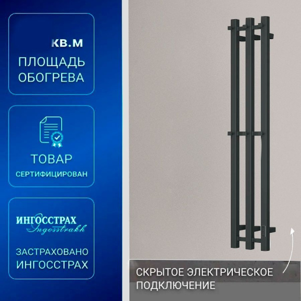 Полотенцесушитель, дизайн-радиатор электрический квадратный профиль Маргроид BAU Inaro III 120х15, с таймером черный матовый RAL 9005