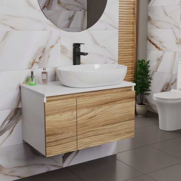 Комплект для ванной, 3 предмета (Тумба подвесная Bau Blackwood 80 + Раковина BAU 59х40, Смеситель высокий Hotel Black, черный)