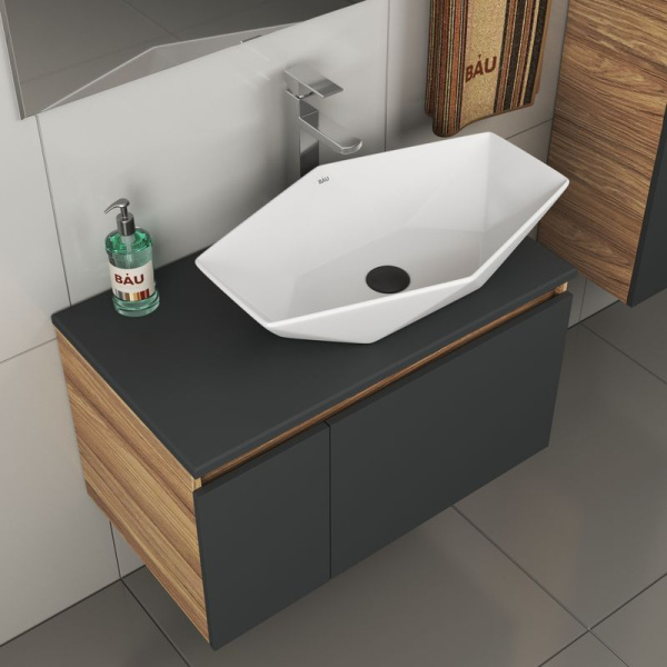 Комплект для ванной, 4 предмета (тумба Bau 80, графит + раковина на столешницу BAU Crystal 64х40 + смеситель Hotel Still, выпуск клик-клак, черный)