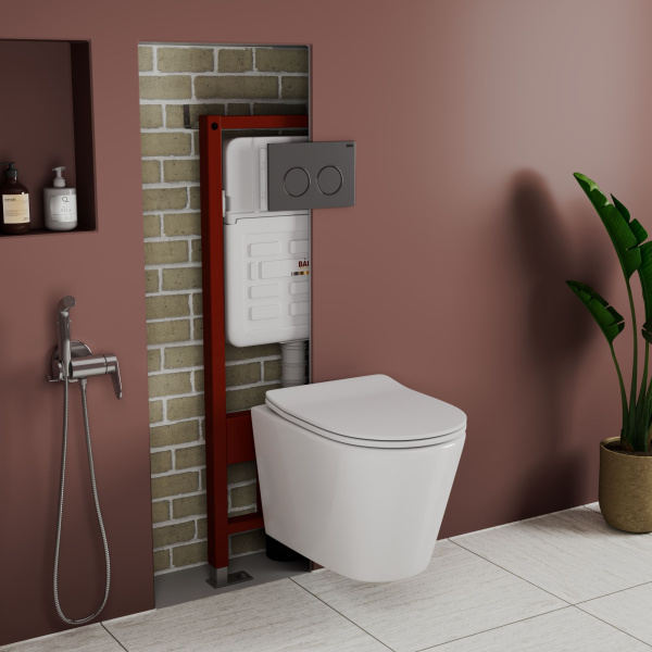 Комплект BAU 6 в 1: усиленная инсталляция BAU IDEAL, унитаз подвесной безободковый Bau Nimb, сиденье дюропласт микролифт, клавиша BAU Round Gun gray, серый металлик