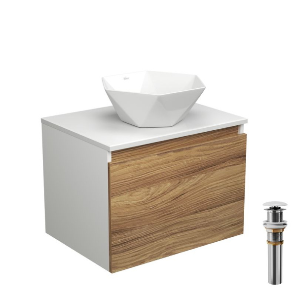 Тумба с раковиной и выпуском (тумба подвесная Bau Dream 60 + раковина на столешницу BAU Crystal 40х40, белая, выпуск клик-клак, белый)