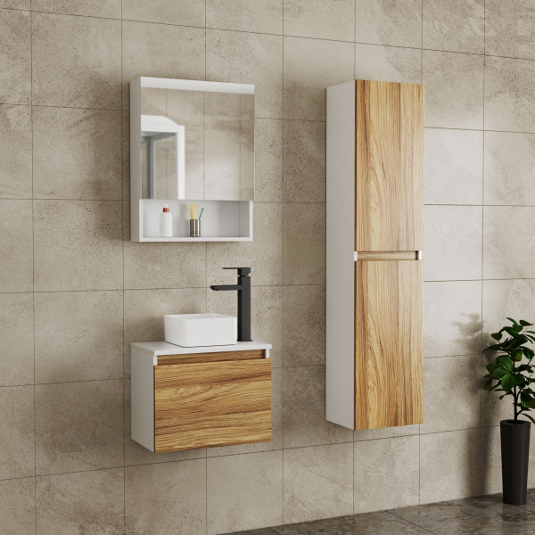 Комплект для ванной, 4 предмета (Тумба Bau Dream Blackwood 50, раковина BAU Mini 24х24, смеситель для раковины высокий Hotel Black, черный, выпуск клик клак, черный)