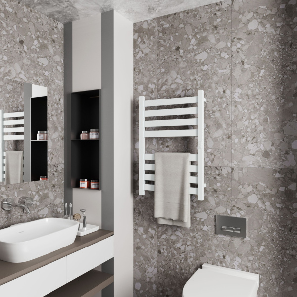 Полотенцесушитель дизайнерский электрический, профильный BAU Elite 50х80, 8 планок, универсальный, белый полуматовый