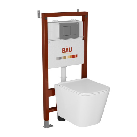 Комплект BAU 6 в 1: инсталляция BAU PRO, унитаз подвесной безободковый Bau Stil PRO, сиденье быстросъемное микролифт, клавиша BAU Stil Gun Grey антивандальная, нержавеющая сталь серый металлик
