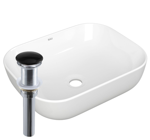 Раковина накладная прямоугольная BAU Stil Pro 50х40, белая + выпуск клик-клак, черный