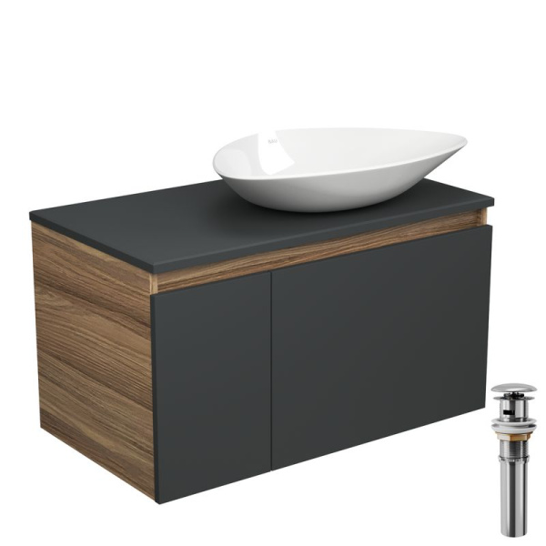 Тумба с раковиной и выпуском (тумба Bau Dream 80, графит + раковина санфаянс накладная треугольная BAU Triangle 59х39, выпуск клик-клак, хром)