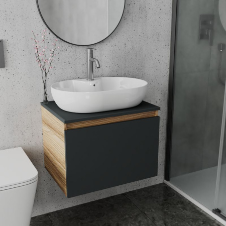 Комплект для ванной, 3 предмета (Тумба подвесная Bau Blackwood 60 графит + Раковина BAU 60х42, с отв. под см-ль, Смеситель Dream, нерж. сталь)