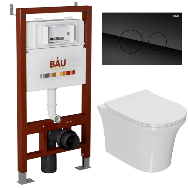 Комплект BAU 6 в 1: инсталляция BAU PRO, унитаз подвесной безободковый Bau Spectrum PRO, сиденье быстросъемное микролифт, клавиша из стекла BAU Dream, черная