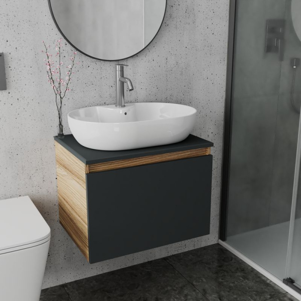 Комплект для ванной, 3 предмета (Тумба подвесная Bau Blackwood 60 графит + Раковина BAU 60х42, с отв. под см-ль, Смеситель Dream, нерж. сталь)