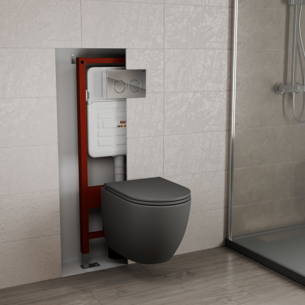 Комплект BAU 6 в 1: усиленная инсталляция BAU IDEAL, унитаз подвесной безободковый торнадо обратного потока Bau Dream Hurricane-2 темно-серый матовый, сиденье микролифт, клавиша BAU Round, хром