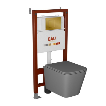 Комплект BAU 6 в 1: инсталляция BAU PRO, унитаз подвесной безободковый торнадо обратного потока Bau Stil Hurricane-2, сиденье дюропласт микролифт, кнопка смыва BAU Stil, золото