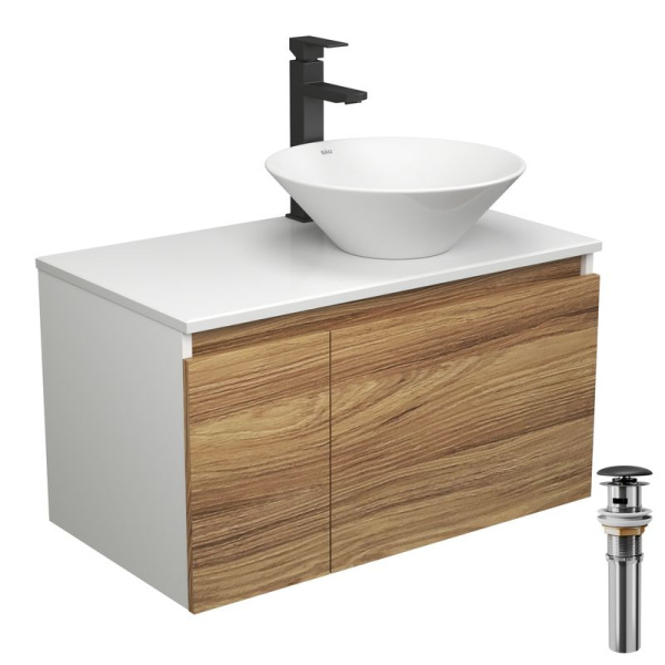 Комплект для ванной, 4 предмета (тумба Bau Dream 80 + раковина BAU D43, белая + смеситель Hotel Black, выпуск клик-клак, черный)