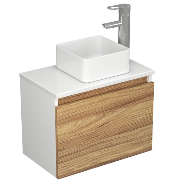 Раковина накладная со смесителем и выпуском (Умывальник BAU Mini квадратный 24х24 белый + смеситель для раковины высокий Diadonna Dream, латунь, выпуск клик клак, белый)