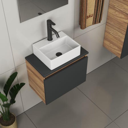 Комплект для ванной, 4 предмета (Тумба подвесная под раковину Bau 50, графит + раковина BAU 33х28 + смеситель Dream Black, черный, выпуск)