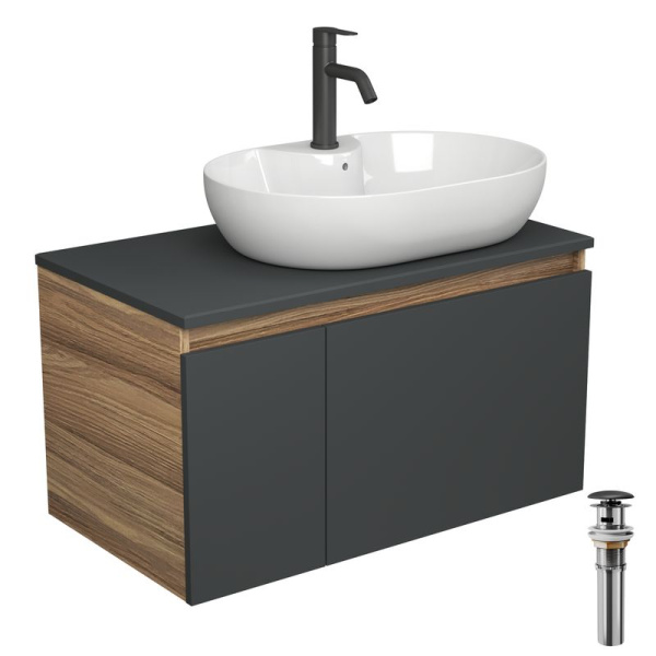 Комплект для ванной, 4 предмета (Тумба подвесная Blackwood 80 графит + Раковина BAU 60х42, с отв. под см-ль + Смеситель Dream Black, выпуск черный)