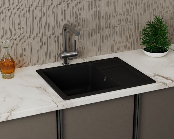 Мойка для кухни оборачиваемая с крылом BAU Stil Black coal 61х50, выпуск с сифоном в комплекте, черный уголь