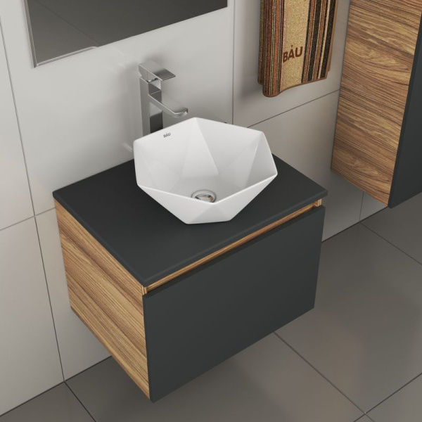 Комплект для ванной, 4 предмета (тумба Bau 60, графит + раковина на столешницу BAU Crystal 40х40 + смеситель Hotel Still, выпуск клик-клак, хром)