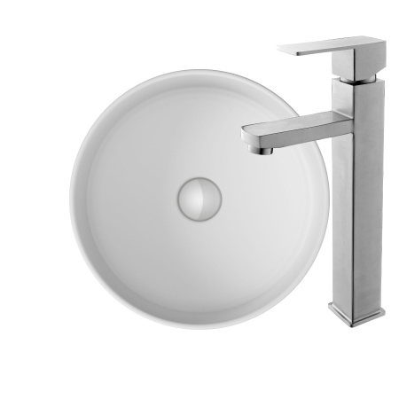 Раковина накладная со смесителем (BAU Dream круглая D41, белая + смеситель для раковины высокий Hotel Still, нержавеющая сталь)