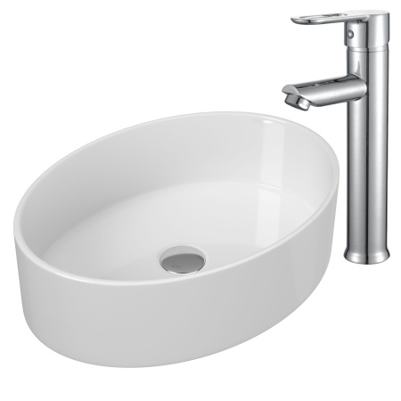 Раковина накладная со смесителем (BAU Nimb овальная 50х36, белая + смеситель для раковины высокий Diadonna Dream, латунь, хром)