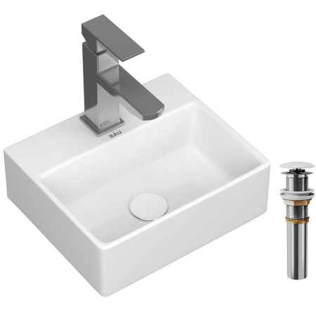 Раковина накладная со смесителем и выпуском (прямоугольная BAU Cerama Mini 33х28 + смеситель Hotel Still, нержавеющая сталь, выпуск)
