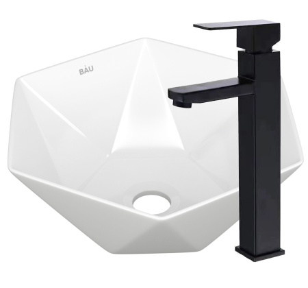 Раковина накладная со смесителем (на столешницу BAU Crystal 40х40, белая + смеситель высокий Hotel Black, черный)