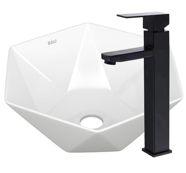 Раковина накладная со смесителем (на столешницу BAU Crystal 40х40, белая + смеситель высокий Hotel Black, черный)