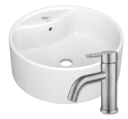 Раковина для ванной накладная круглая BAU Element D40, белая + смеситель Dream, нержавеющая сталь