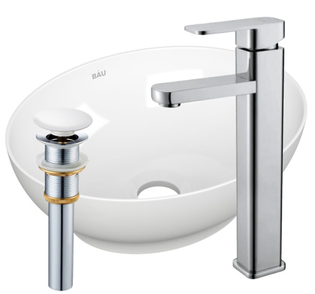 Раковина накладная со смесителем и выпуском (овальная BAU Nimb 41х33, белая + смеситель Hotel Still, нер. сталь, выпуск клик-клак белый)