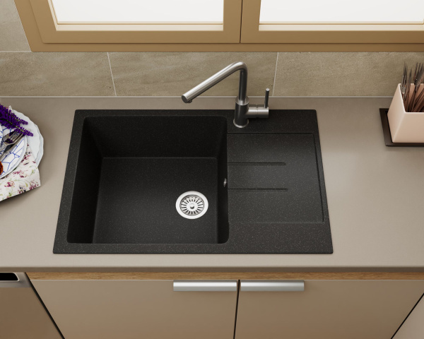 Мойка для кухни оборачиваемая с крылом BAU Stil Black stone 76х50, выпуск с сифоном в комплекте, черный камень