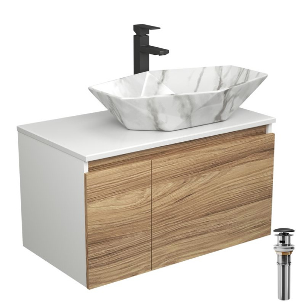 Комплект для ванной, 4 предмета (Тумба подвесная Bau Blackwood 80 + Раковина BAU 64х40, мрамор + Смеситель высокий Hotel Black, черный, выпуск черный)