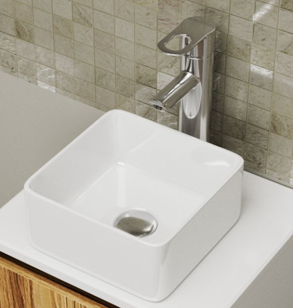 Раковина со смесителем и выпуском (Умывальник накладной на столешницу BAU Mini квадратный 24х24 белый, смеситель для раковины высокий Diadonna Dream, латунь, выпуск клик клак, хром)