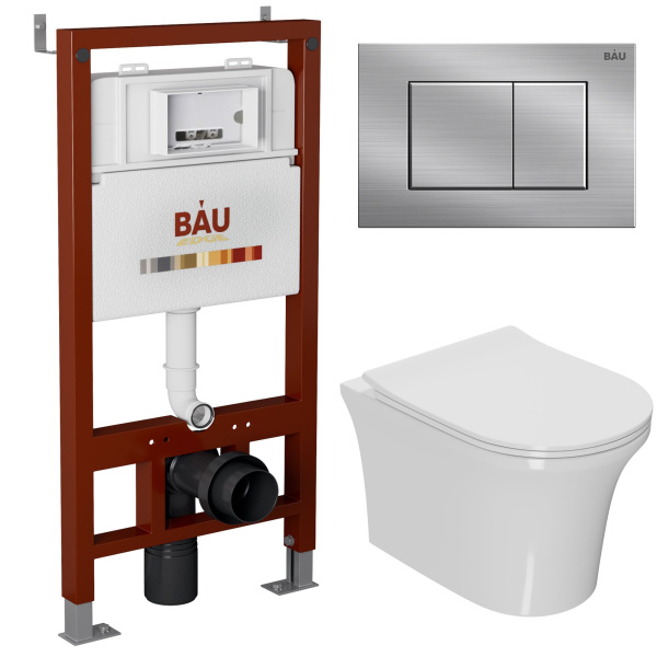 Комплект BAU 6 в 1: инсталляция BAU PRO, унитаз подвесной безободковый Bau Spectrum PRO, сиденье быстросъемное микролифт, клавиша BAU Stil антивандальная, нержавеющая сталь