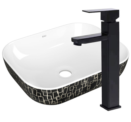Раковина накладная со смесителем (прямоугольная BAU Stil 50х40, белая/черная с орнаментом + смеситель высокий Hotel Black, черный)