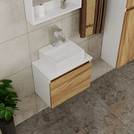 Комплект для ванной, 4 предмета (Тумба подвесная под раковину Bau 50 + раковина BAU 33х28 + смеситель Hotel Still, нержавеющая сталь, выпуск)